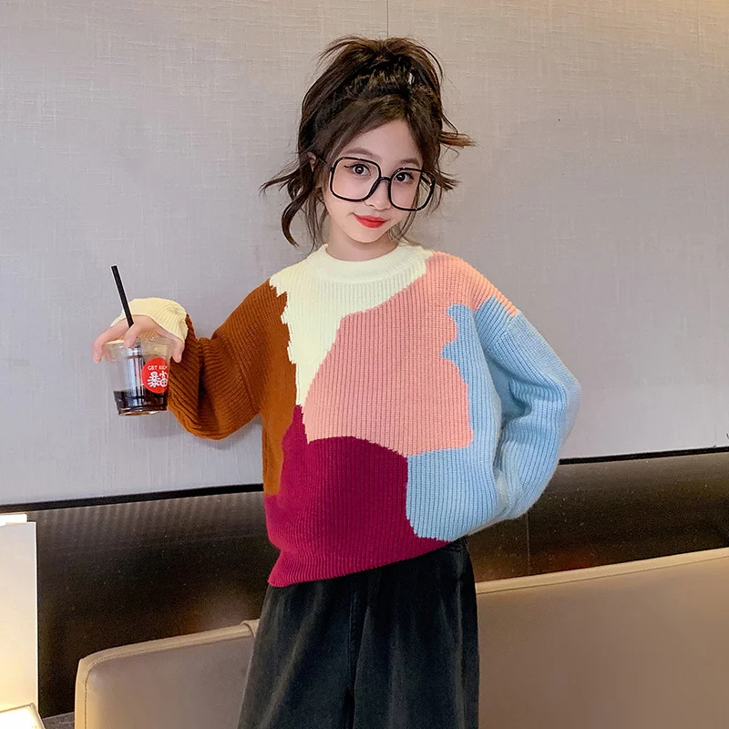 Teen Girl Multi-colored Knitted Sweater For Child Patchwork Multi Colorful Sweater Kids Long Sleeved Knitwear Autumn Streetwear