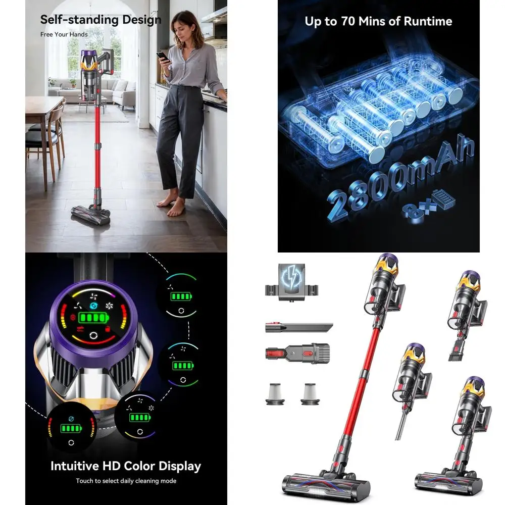 

Высокопроизводительный 70-минутный беспроводной пылесос мощностью 650 Вт с всасыванием 55 кПа, сенсорным экраном и мусорным корзином объемом 1,8 л для дома, шерсти домашних животных и карпа.