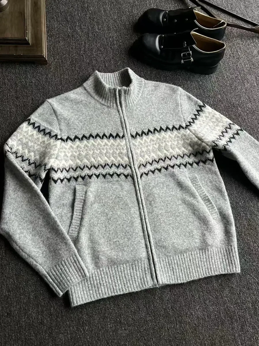 

Мужской свободный вязаный свитер с воротником-стойкой на молнии, модный повседневный стиль, из полиэфирного волокна, зимний, с длинным рукавом