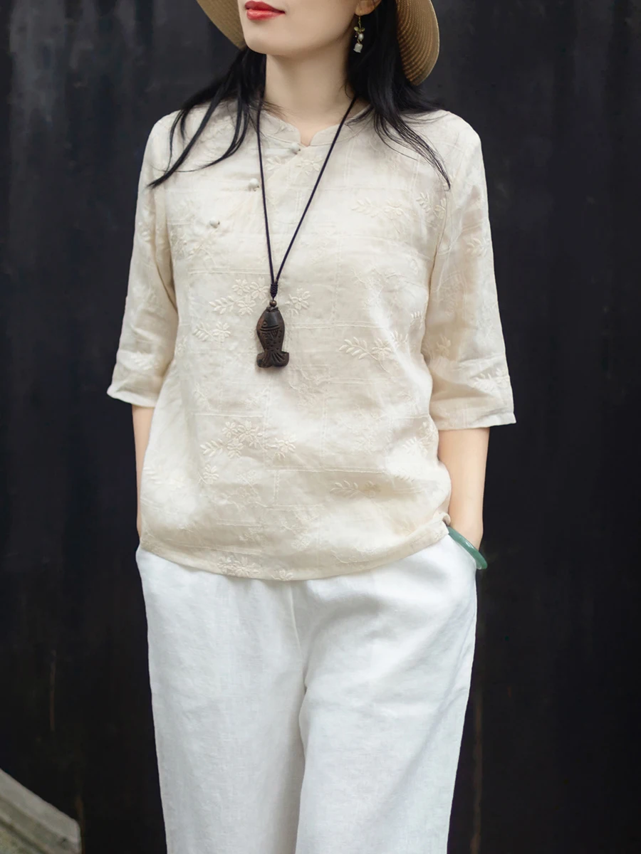 

Новая женская рубашка в китайском стиле с косым клапаном, сложной вышивкой, из шелкового хлопка, с воротником-стойкой, рукава 3/4