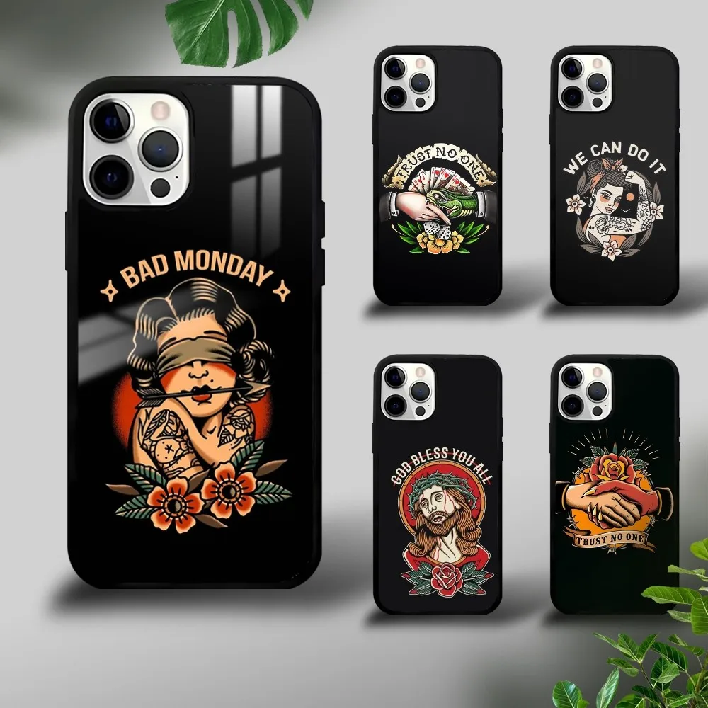 Cool Old School Tattoo Phone Case For iPhone 16 15 14 13 12 11 Pro Xs Max Mini Plus Celulares Hard Funda