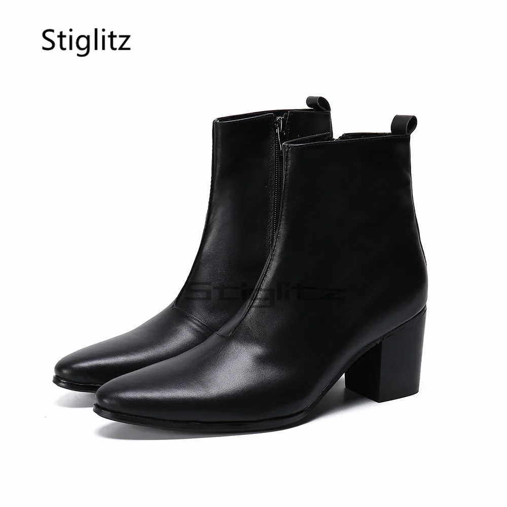 Men's Classic High Heels Chelsea Boots Genuine Leather Pointed Toe Side Zipper Solid Ankle Boots Patent Leather Dress Shoes