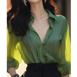 Fashion All-match Thin Blouse Summer Long Sleeve Polo Neck Loose Simplicity Temperament Shirt Tops Elegant Korean Women Clothing