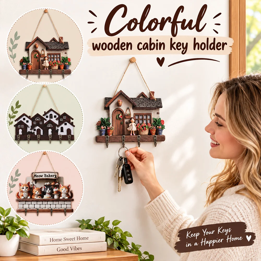 New Wood Wooden Key Holder Colorful 2D Flat House Key Holder House Shape Wall Mounted Decorative Key Hanger Home Wall Decor