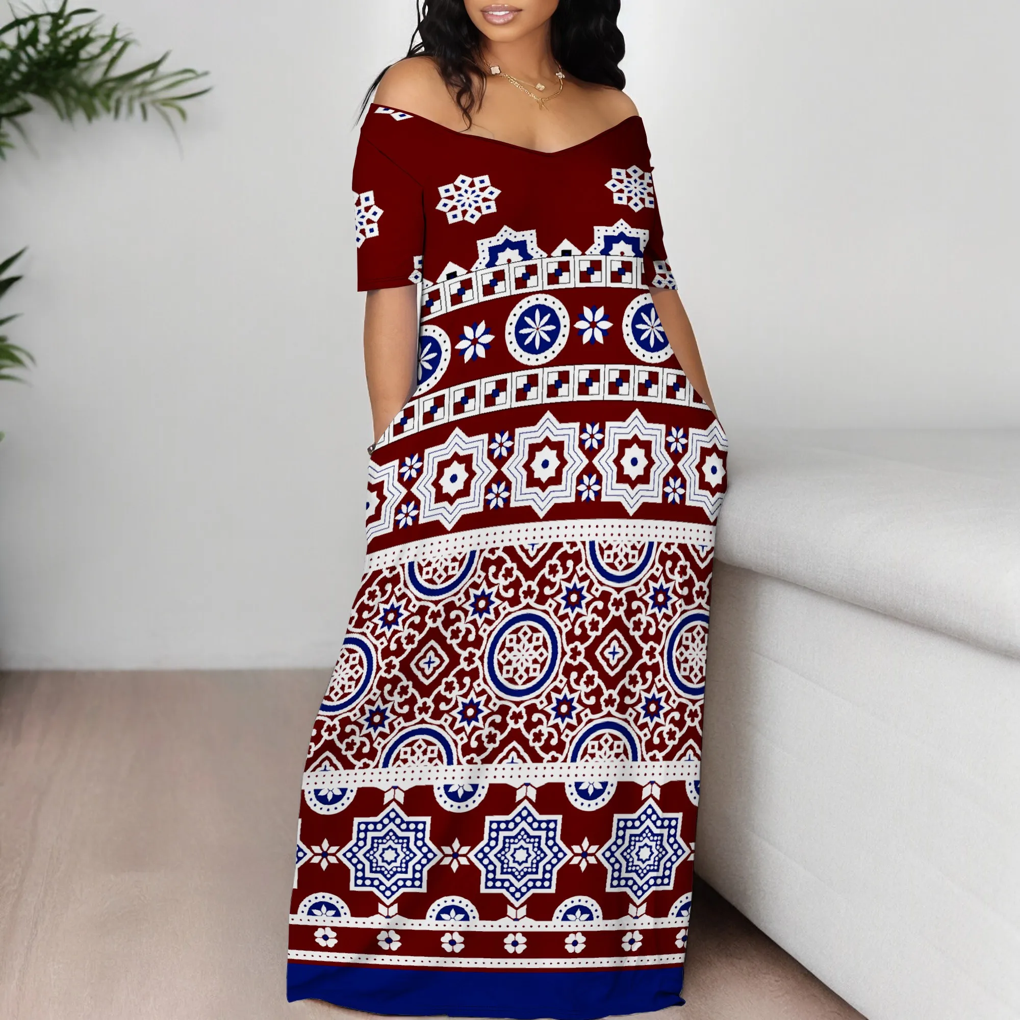 

Nupusa Ethnic Print Dress for Women Regular Size Summer Casual Off - Shoulder Half Sleeve Maxi Dress