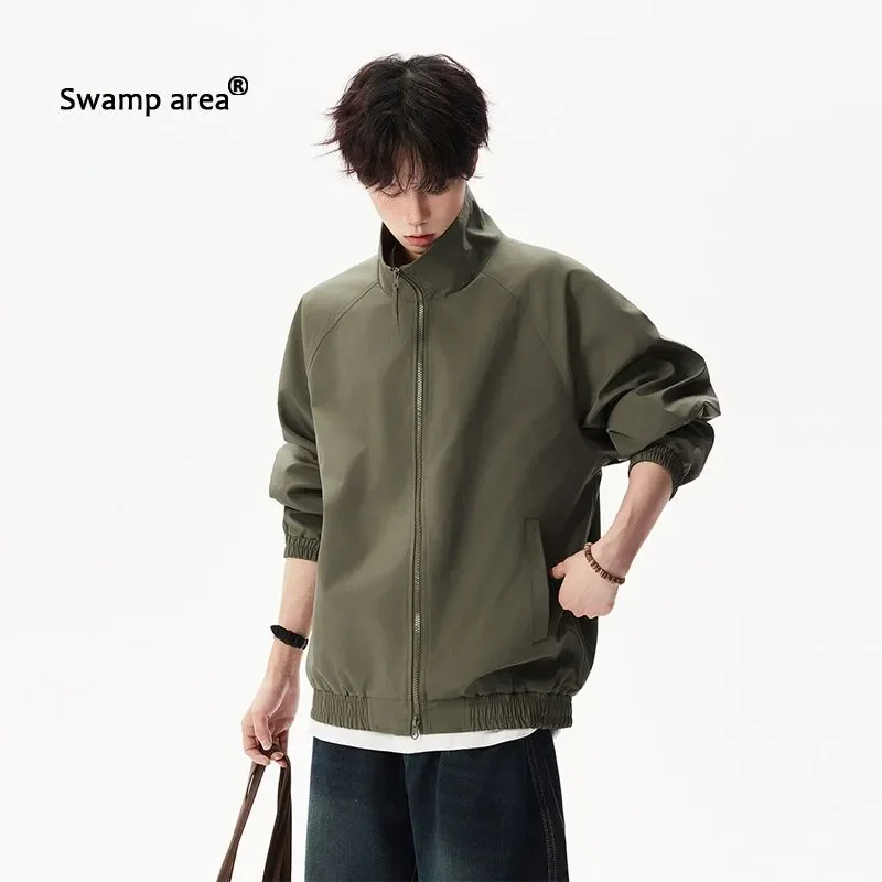 Мужская свободная куртка-бомбер с воротником-стойкой, однотонная, повседневная, в стиле Харрингтон