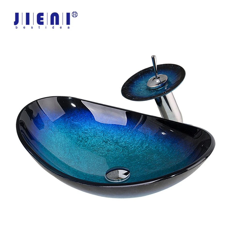 jieni pintados a mao azul de vidro temperado bacia pia lavatorio conjunto torneira do banheiro bancada superior vessel vanity sink mixer 01