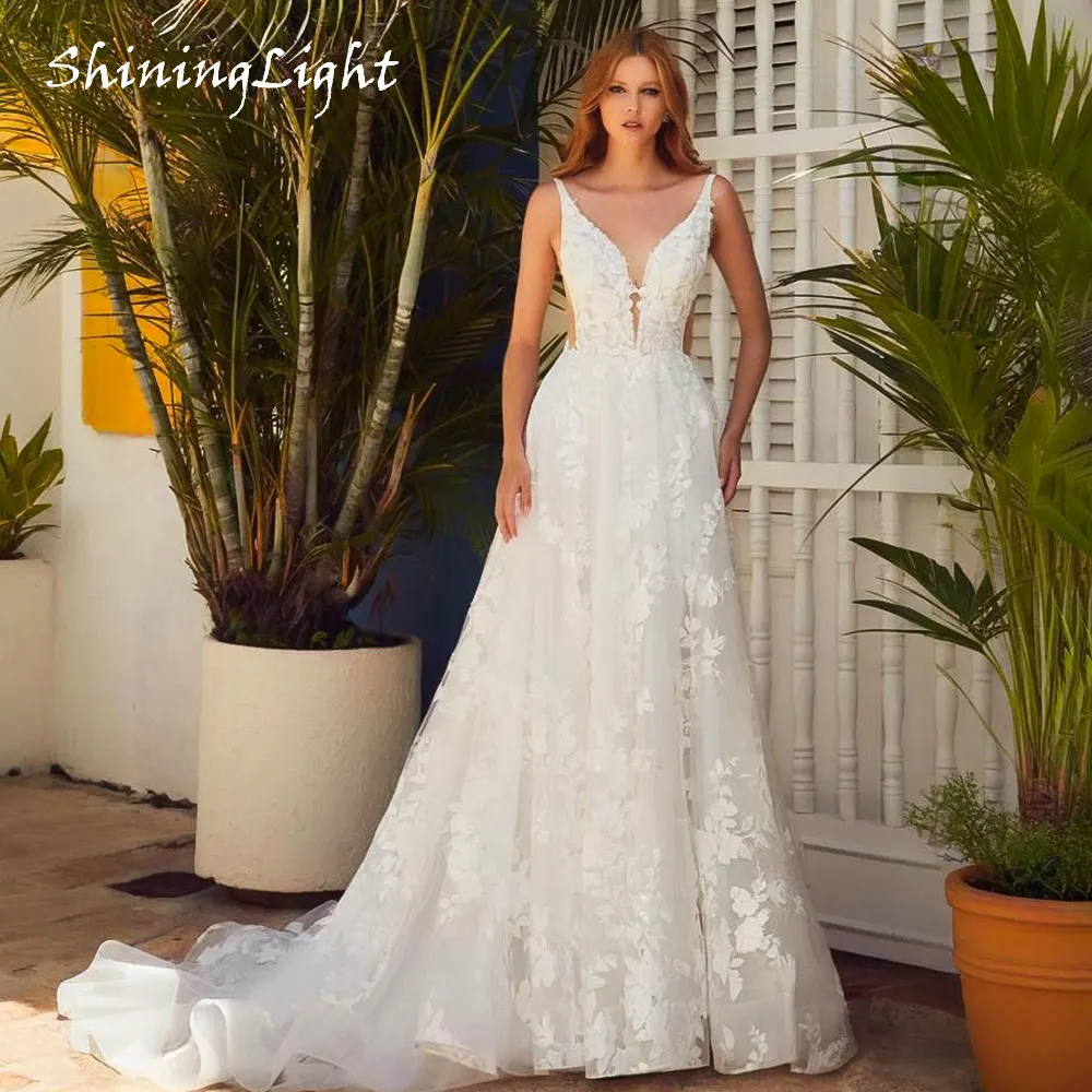 

ShiningLight Lace Appliques V-Neck Wedding Dresses for Women Sleeveless Court Train Tulle Bohemian Bridal Dresses Customized