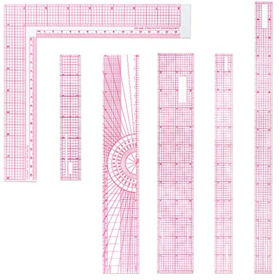 

6 Pieces Clear Rulers Sewing Transparent, Plastic, Beveled, French Inch, Metric and L-Square Rulers Measuring Tool Set with 2 G