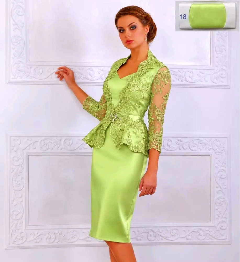 Elegant Light Green Satin Mother of Bride Dress V-Neck Knee Length Sheath Evening Gown with 3/4 Sleeve Lace Jacket Customized
