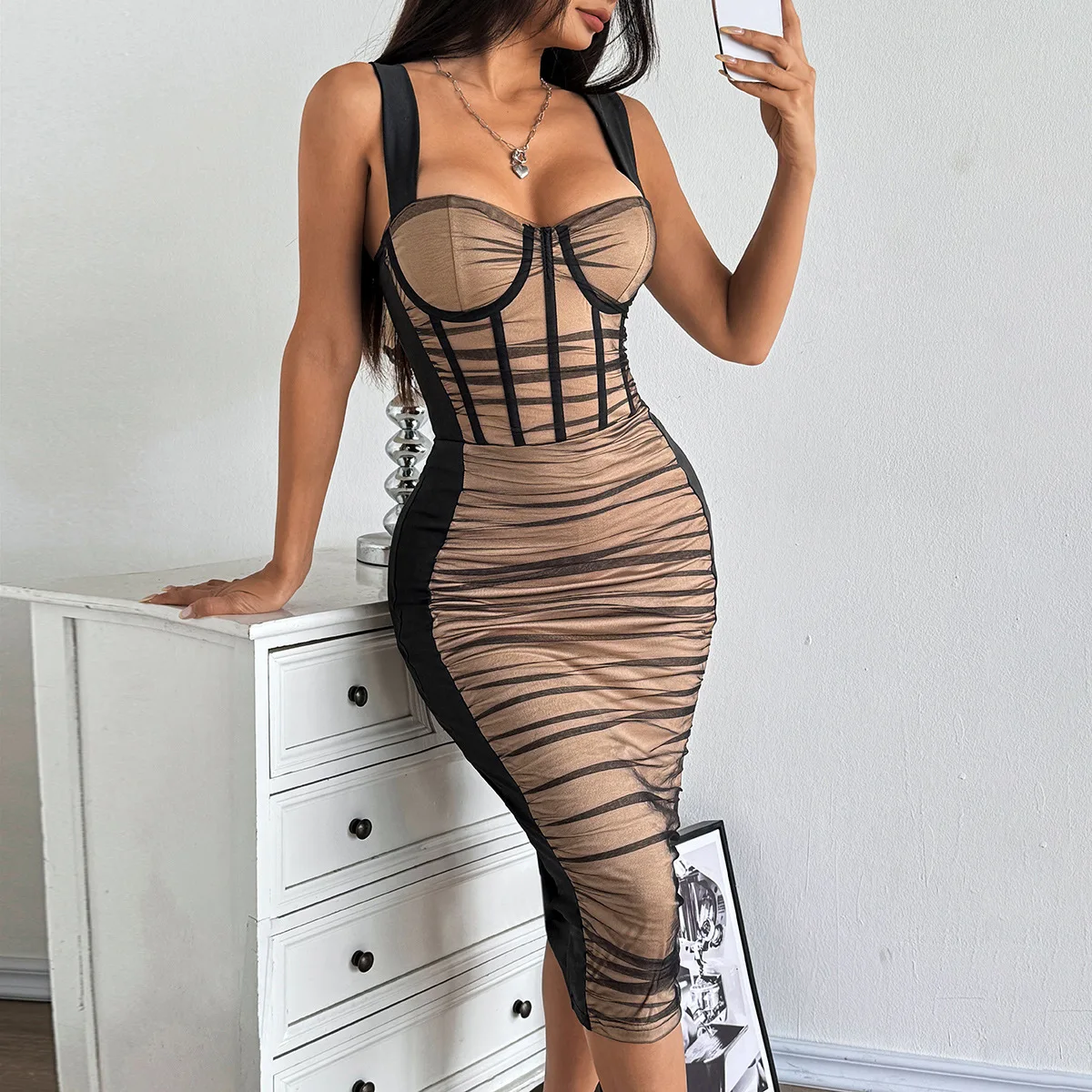

2025 Dress Women Elegant Fashion Beautiful Women's Dresses Patchwork See-through Mesh Dress Feminine Pleated Slim Hip Skirt