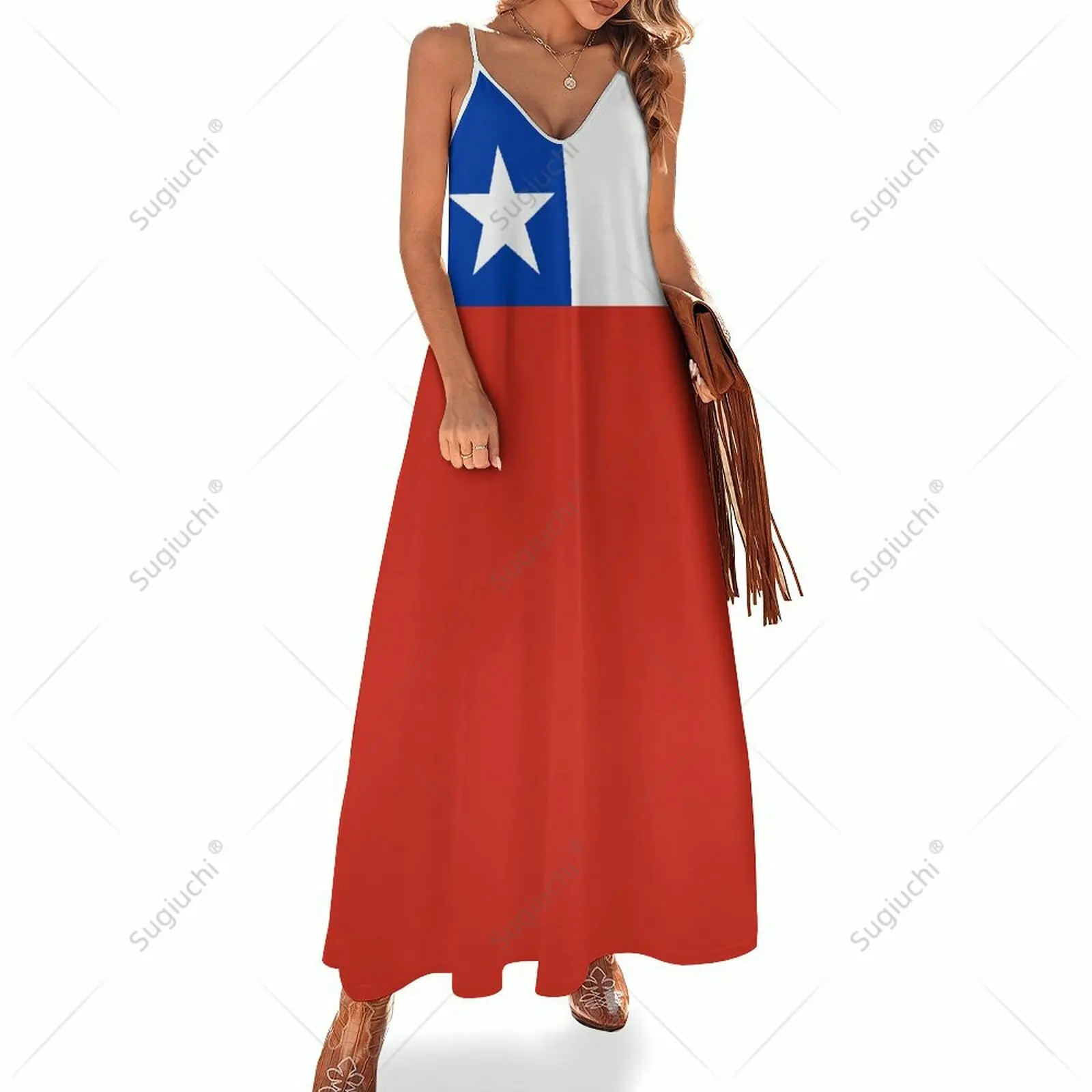 Long Dresses Dress Chile Flag Print New Casual Sleeveless Women\'s V-Neck Printed Dress Swing Retro Dresses