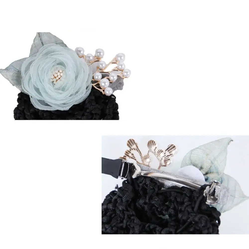 Korean Style Flower Snood Spring Clip Hairgrips Cover Net Bun Snood Pearls Crochet Bun Net Ponytail Clip Headwear