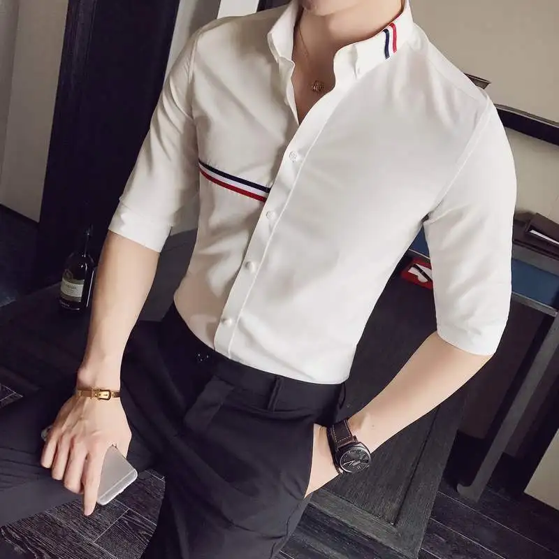 2024 New Summer Korean Version Trendy Casual Business Color Blocking Lapel Slim Fit and Handsome Quarter Sleeved Shirt for Men