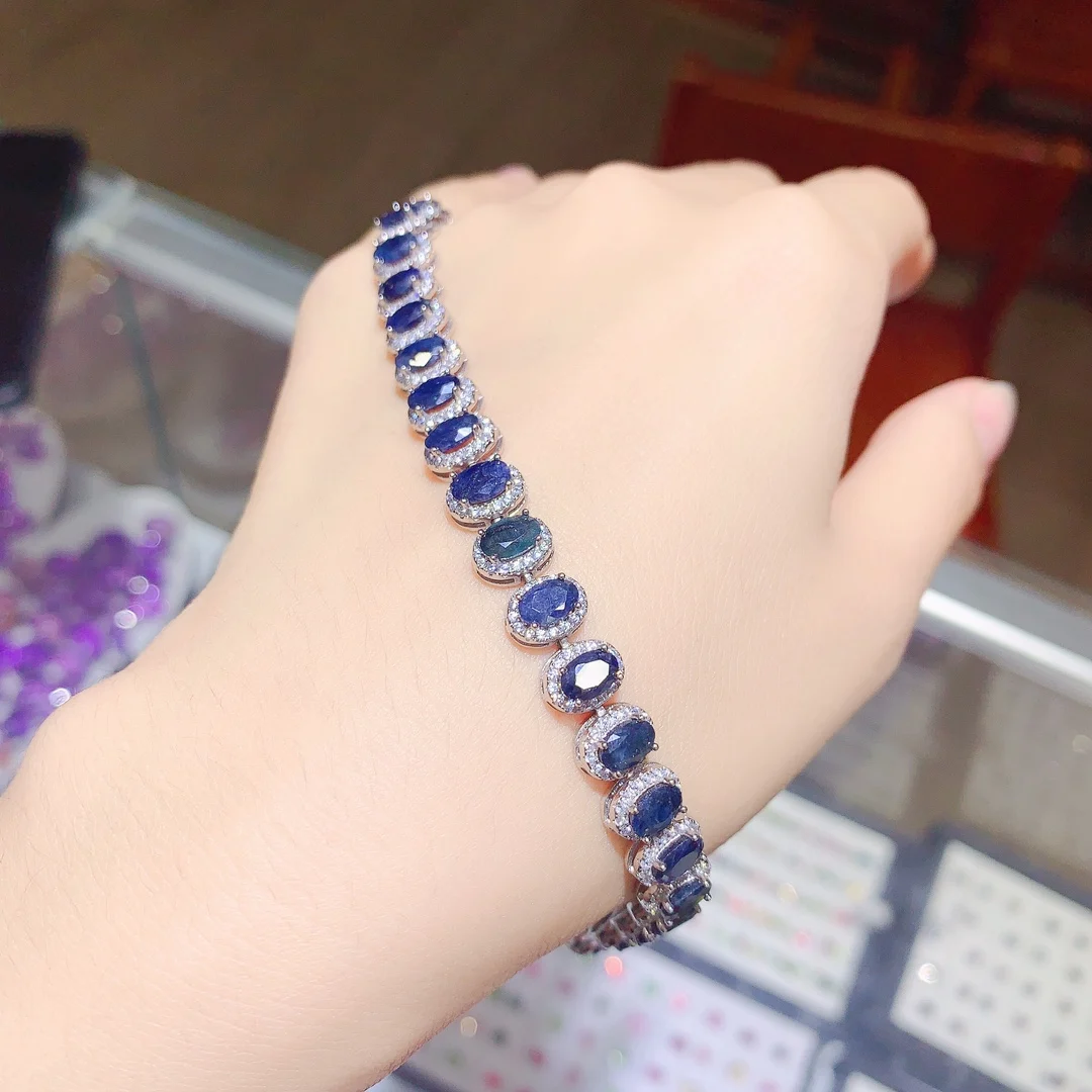 Natural Dark Blue Sapphire 4X6MM Court Style Bracelet for Women's Birthday Gift Anniversary with Certificate YULEM