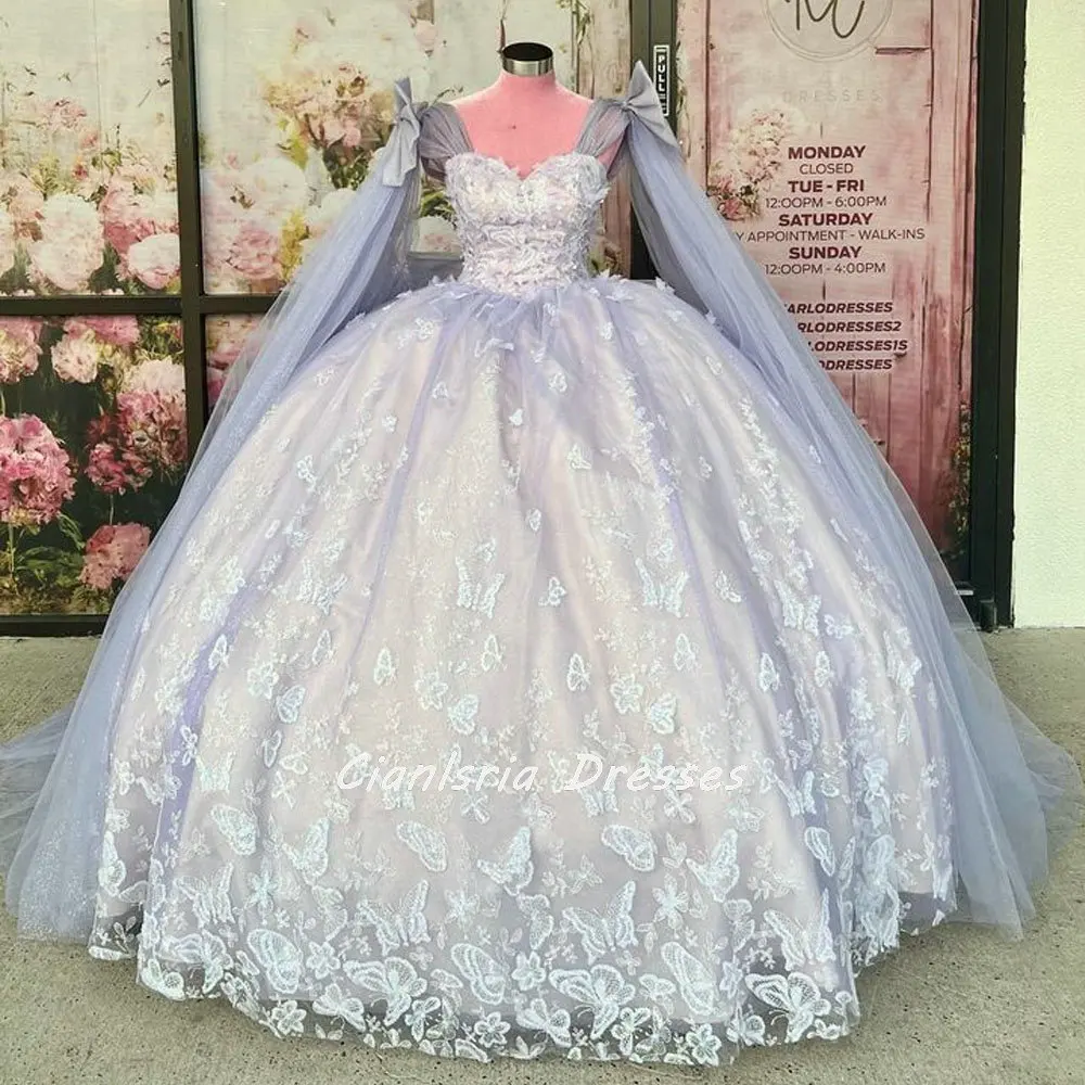 

Сиреневые ленты с бантом Quinceanera Платья Бальное платье с открытыми плечами 3D Аппликации в виде бабочки Корсет Sweet 16, Vestido De XV Años