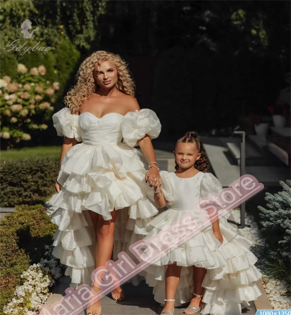 

Elegant Ivory Taffeta Fabric Mother And Daughter Puff Sleeve Flower Children's Dress Tiered Bow Birthday Wedding Evening Dress