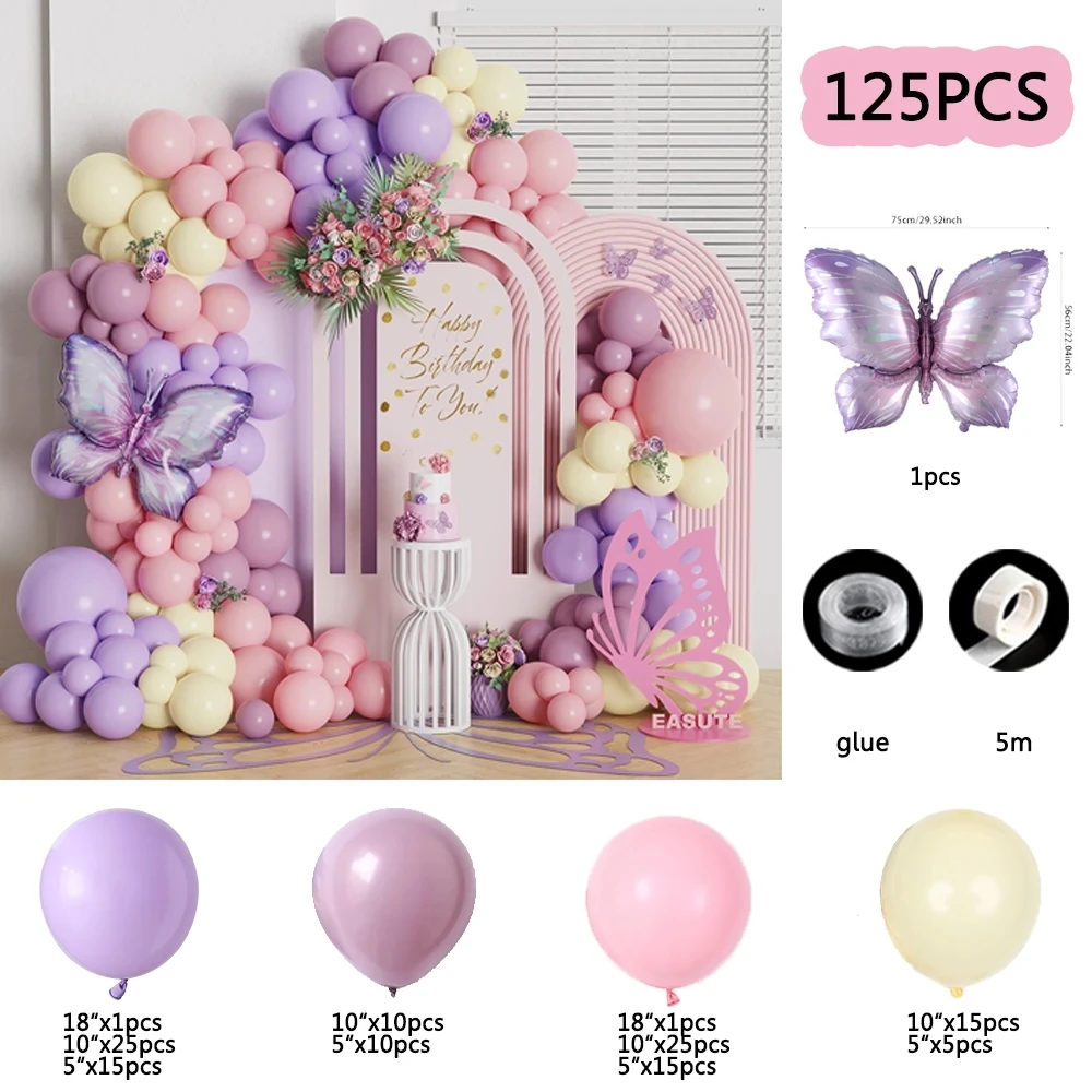 125pcs Pink Purple Butterfly Milky White Balloon Garland Arch Kit Butterfly Theme Birthday Baby Shower Wedding Party Decor Globo