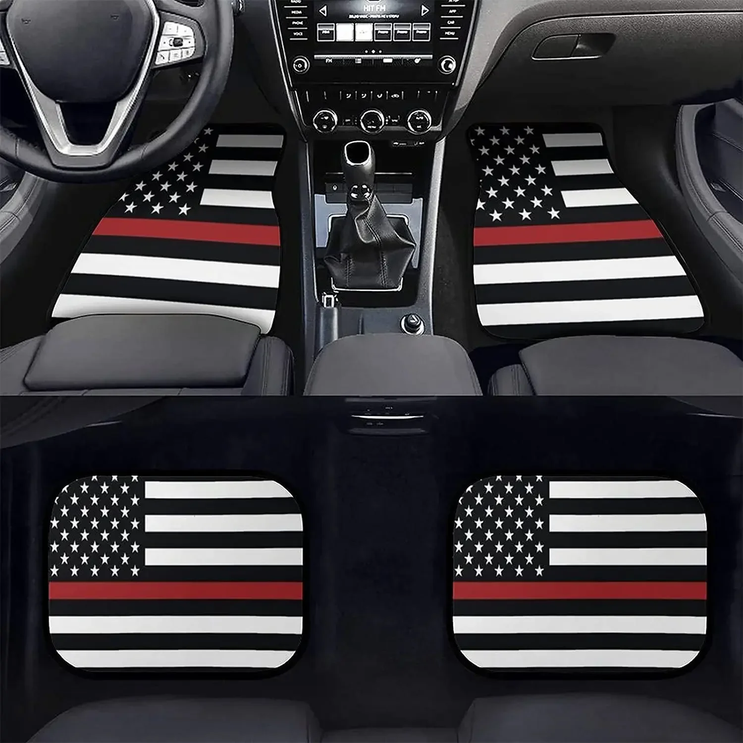 Red Line Firefighter American Flag Car Floor Mats Front & Rear Liners Set, Universal Fit Auto Carpet Floor Mats Set of 4