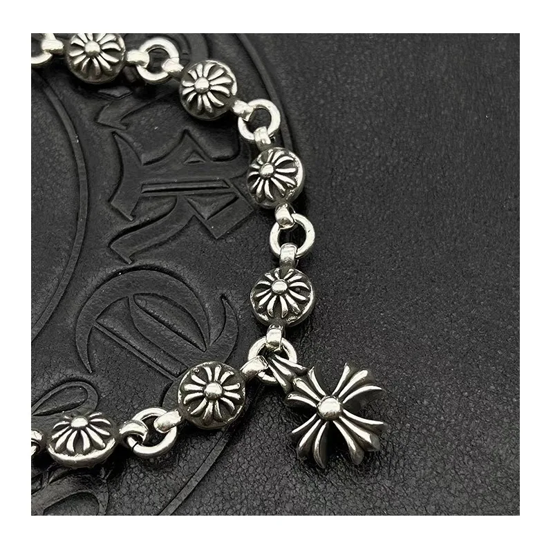 

Trendy Bracelet Thai Silver Retro Men's and Women's Cross Flower Ball Bracelet with Cross Flower Pendant Hand Jewelry Punk Heavy