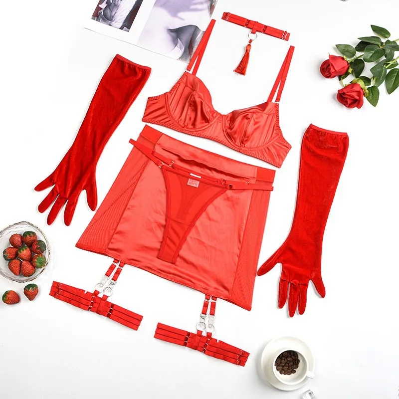 Bikini borla tentación satén patchwork malla bodycon falda con guantes conjunto de lencería sexy de dos piezas