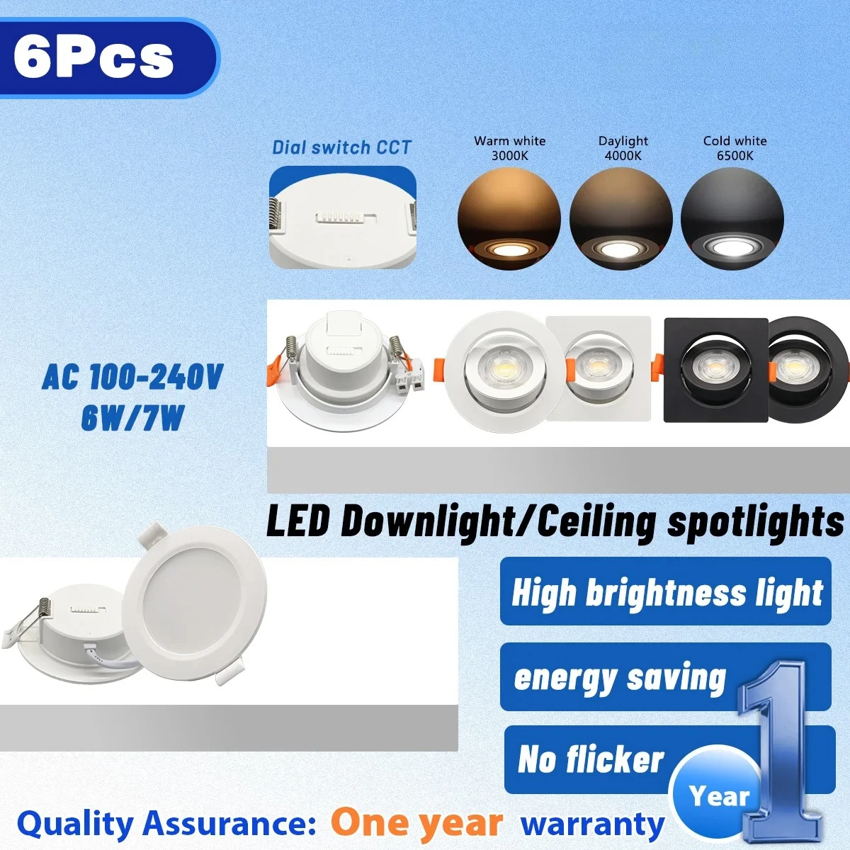 6pcs 6/7W  CCT 3000/4000/6500K   Spot Led Downlight Anti-glare Ceiling Lamp Foldable Spotlights for BedRoom Bathroom Top-mounted