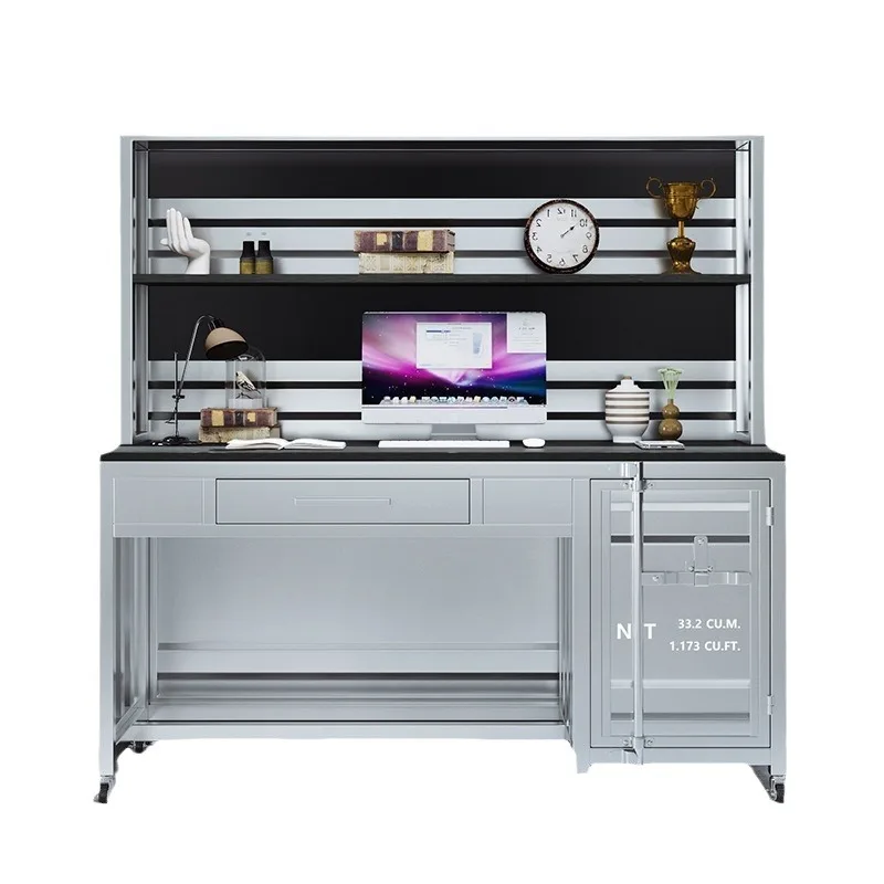 

Retro container computer table industrial style desk wrought iron bookshelf integrated table