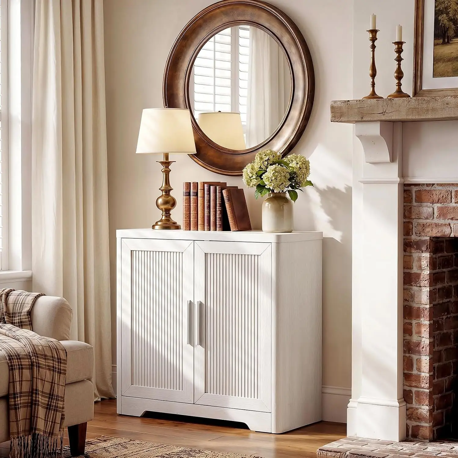 Reeded Sideboard Buffet Cabinet, Whitewashed Oak Finish, Storage Credenza for Dining Living Room, 31