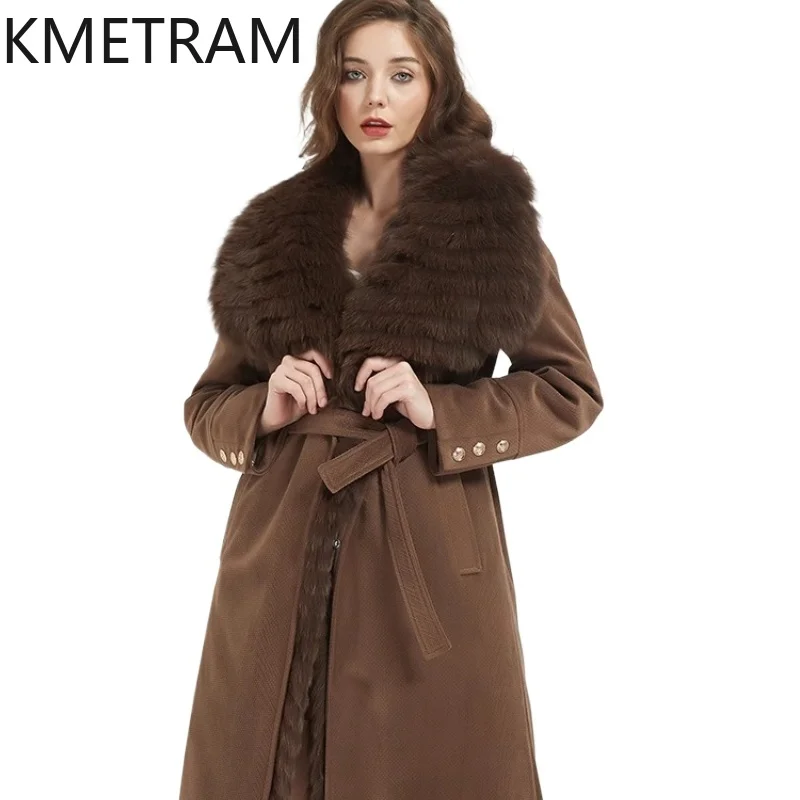 KMETRAM chaqueta acolchada de plumas de ganso blanco para mujer, abrigos largos marrones con cuello de piel de zorro, prendas de vestir exteriores, ropa de invierno, 2025 vestes para mujer