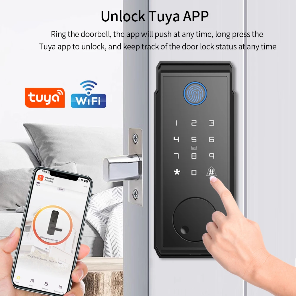 Tuya Tamper Proof Fingerprint Smart Lock for Keyless Entry Keypad Deadbolt Lock for Front Door Physical Key Wifi Remote Unlock