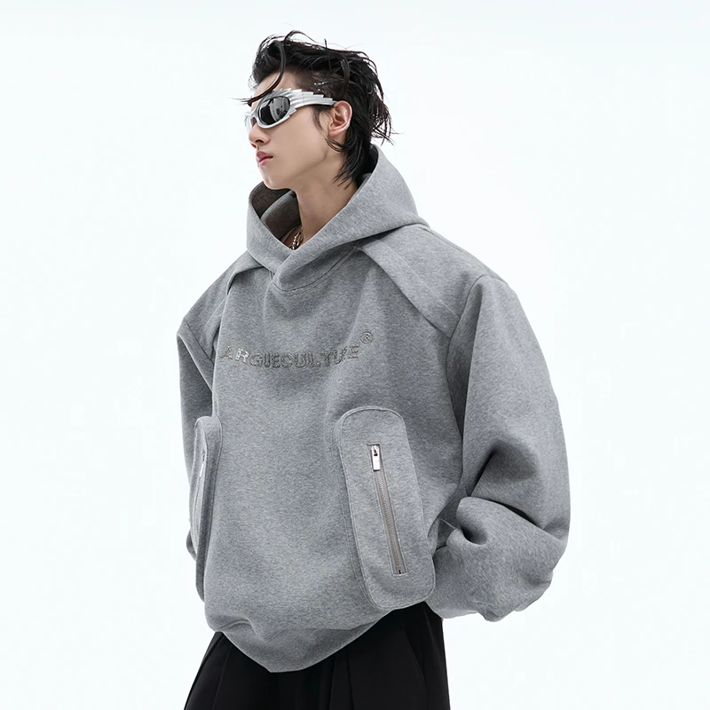 IEFB Korean Style Men\'s Hoodies Patchwork Letter Printing Three-dimensional Pockets Shoulder Pads Loose Male Sweatshirts 24E2591