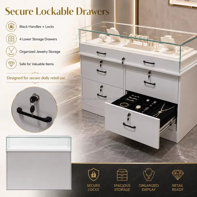 Modern White Jewelry Display Case with Tempered Glass and LED Lights Lockable Storage Drawers for Ring Necklace Earring