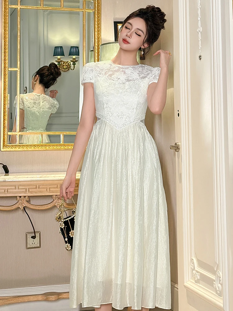 Robe de rencontre élégante de célébrité pour femmes, exquise, dentelle transparente, épissure, taille ajourée, Robe trapèze, charme féminin, fête