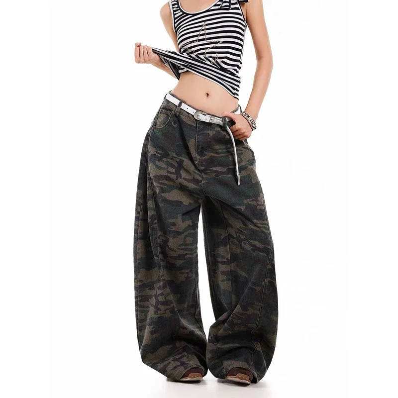 여성 빈티지 카모 카고 청바지 여성 하라주쿠 Y2k 헐렁한 데님 바지 streetwear 미적 2000 년대 쓰레기 바지 옷