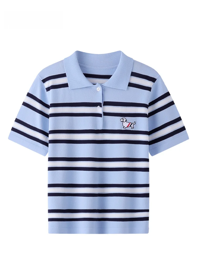 

JZZDEMM Summer New Women's Knitted ort Sve Ne Stripe Color Blo Embroidered Dog Vintage Sle Slim Fit Knitwear