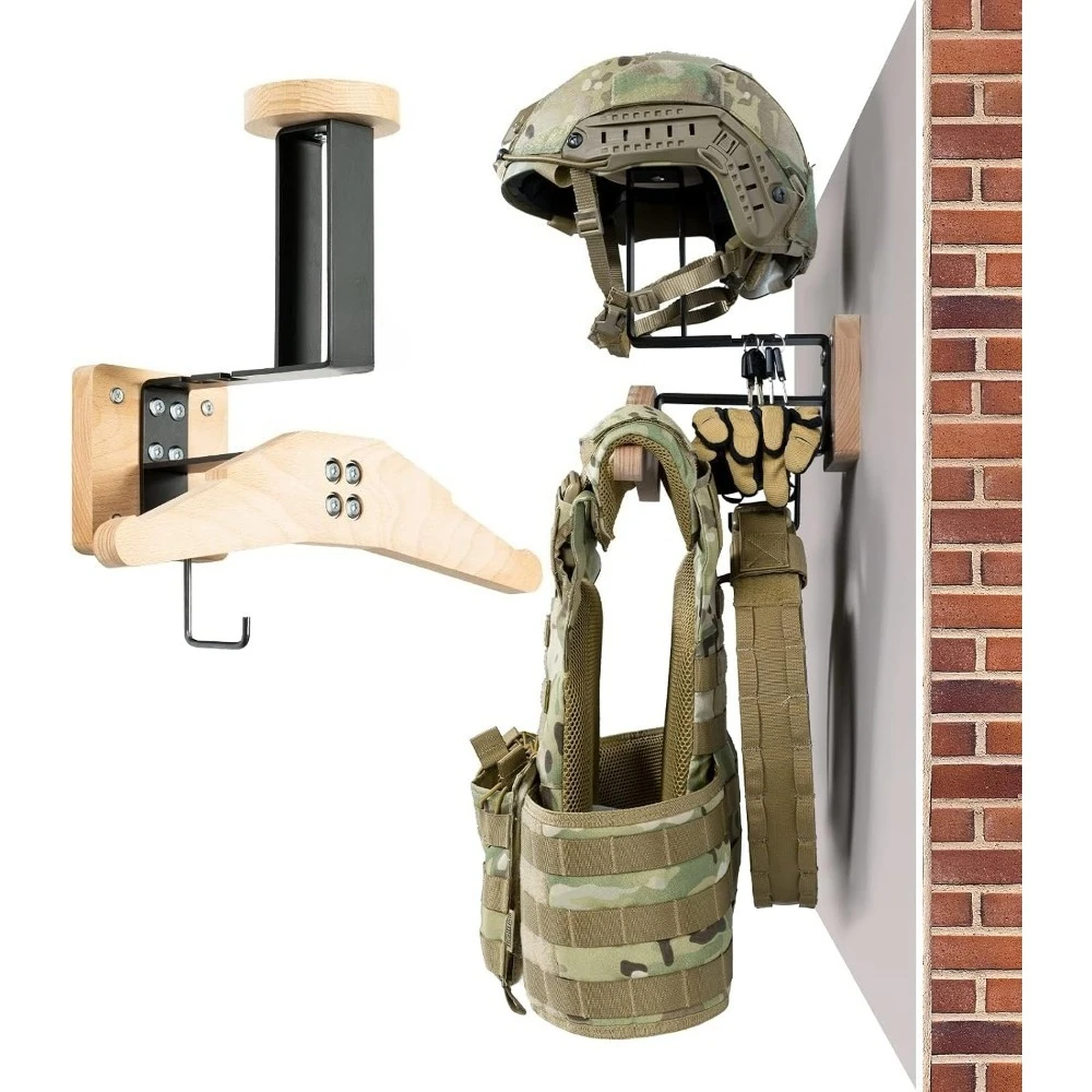 Tactical Gear Wall Mount Helmet Rack, Wooden Wall Display Holder for Tactical Helmet, Vest,Gloves,Hunting & Airsoft Gear Storage