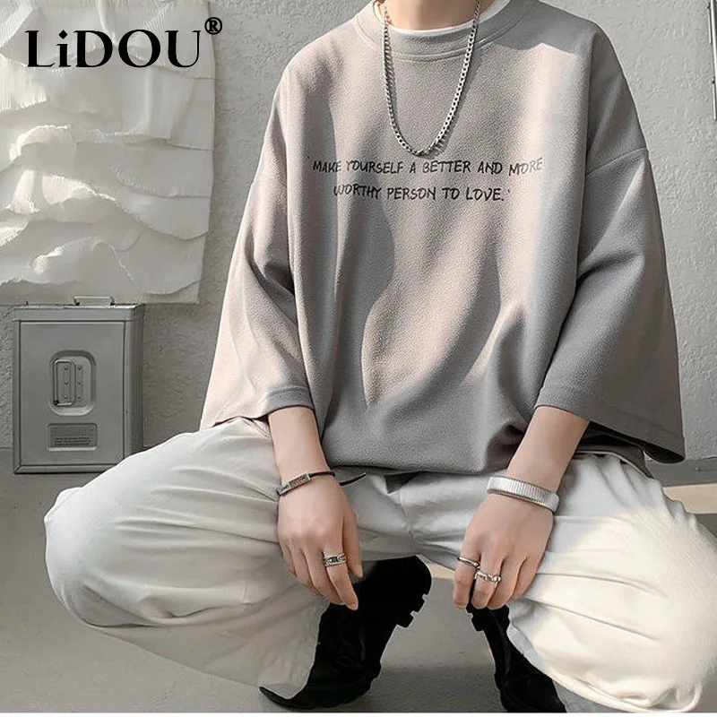 2023 Summer Y2K High Street 3/4 Sleeve T-Shirts Man Round Neck Printing Oversize Tops New Loose Personality Hip Hop Streetwear