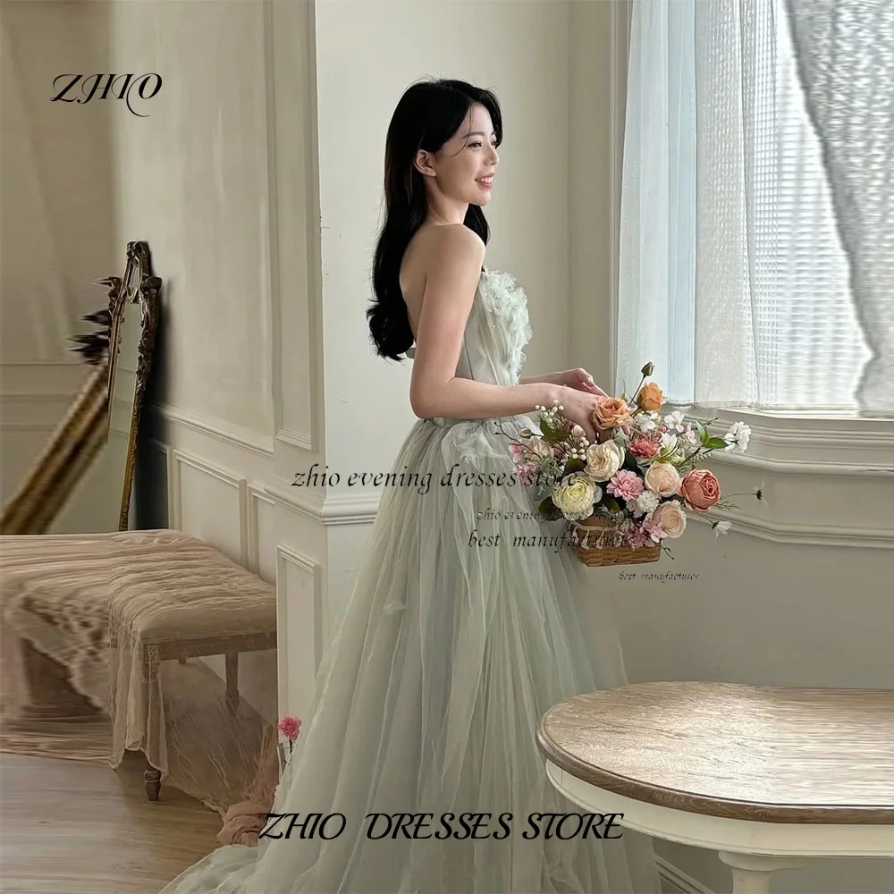 ZHIO فساتين حفلات بسيطة على شكل حرف a باللون الأخضر الفاتح من التل فساتين زفاف كورية بدون حمالات مخصصة مشد فساتين سهرة لحفلات الزفاف