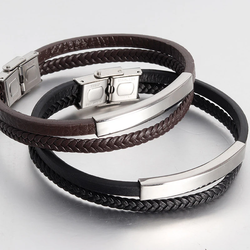 

316 Steel Geniune Real Leather Bracelet For Men Party Gift Stainless Steel Black Double Stranded Bangle Jewelry for Birthday