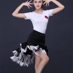 2022 New Latin Dance Skirt Practise Competition Dance Skirt Tops Dance Fringe Skirt Latin Ballroom Double Layers Design Women