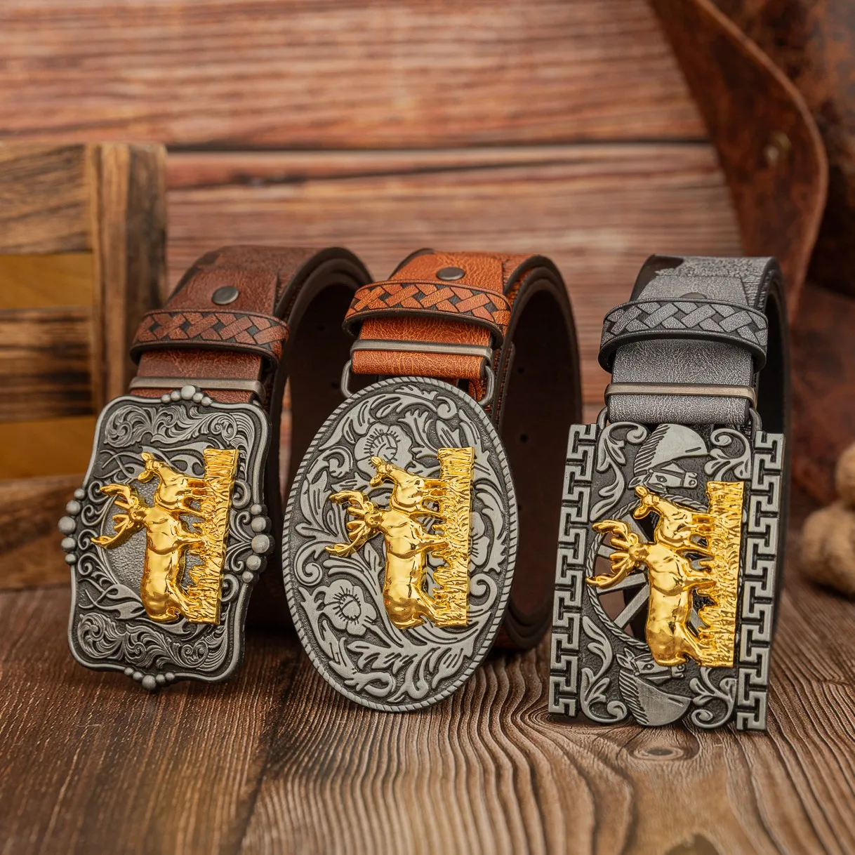 Elk oval 5-point hollowed-out pattern buckle, retro trend aged elk PU embossed belt, men's and women's universal belt