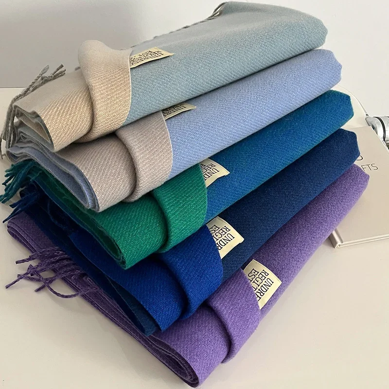 Winter Cashmere Scarf Women Fashion Casual Solid Color Double Side Blue Green Shawl Wraps Blanket Thick Warm Pashmina