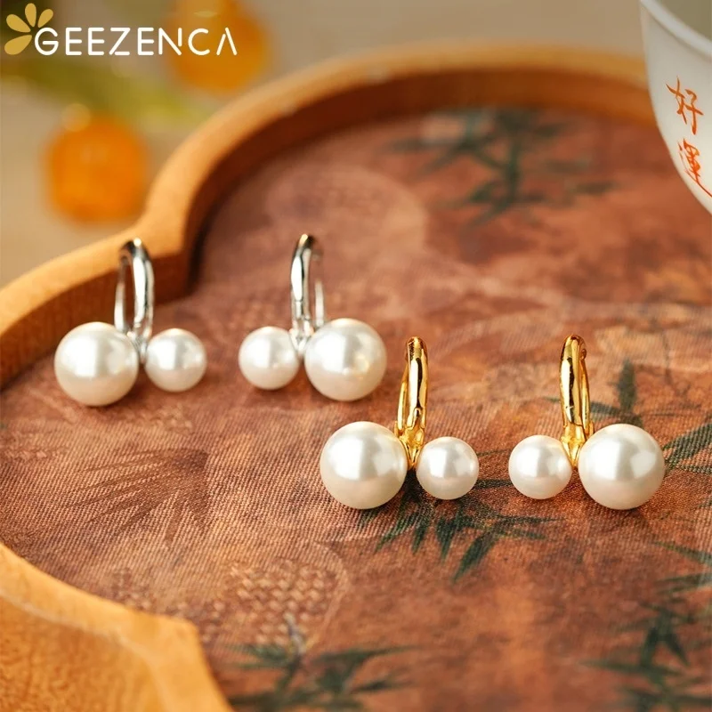 GEEZENCA White Shell Pearl Duo Ball Charm 925 Sterling Silver Huggie Hoop Earrings For Women Simple Small Stackable Earring Gift
