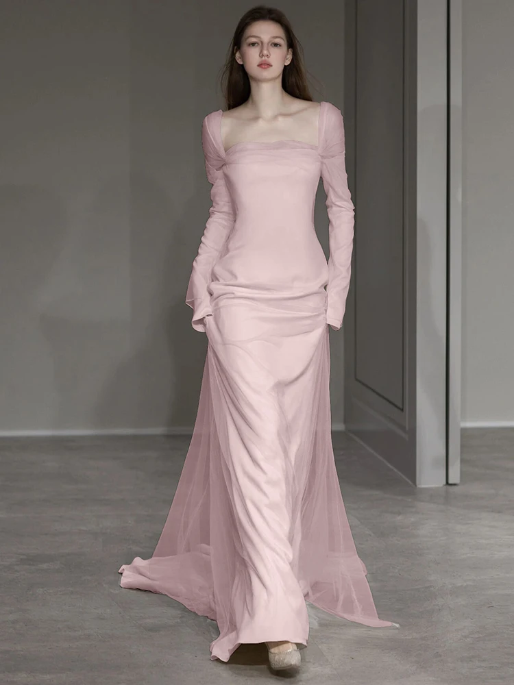 

Розовое вечернее платье с длинными рукавами, элитное, для ужина, женское, для церемоний, для ведущих, для ежегодных встреч