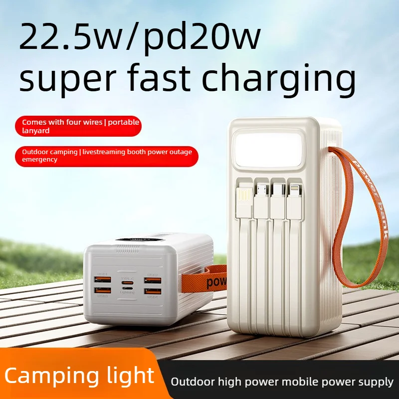50000mAh Power Bank 22.5W PD20W Fast Charge Built in 4 Cables Portable Charger with LED Light Powerbank for IPhone Samsung