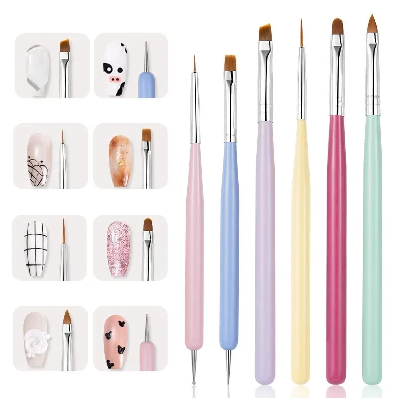 Conjunto de 6 Pincéis para Arte de Unhas, Caneta para Pintura de Esmalte em Gel UV, Caneta para Pontilhamento e Escultura, Ferramenta para Extensão de