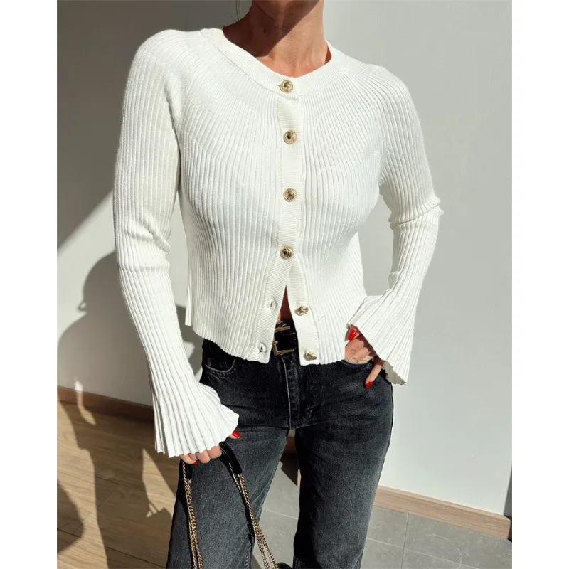 

2025 Autumn Solid Knitted Ribbed Slim Elegant Cardigan Women Single Breasted Buttons Full Sleeve Casual Versatile Street Sweater
