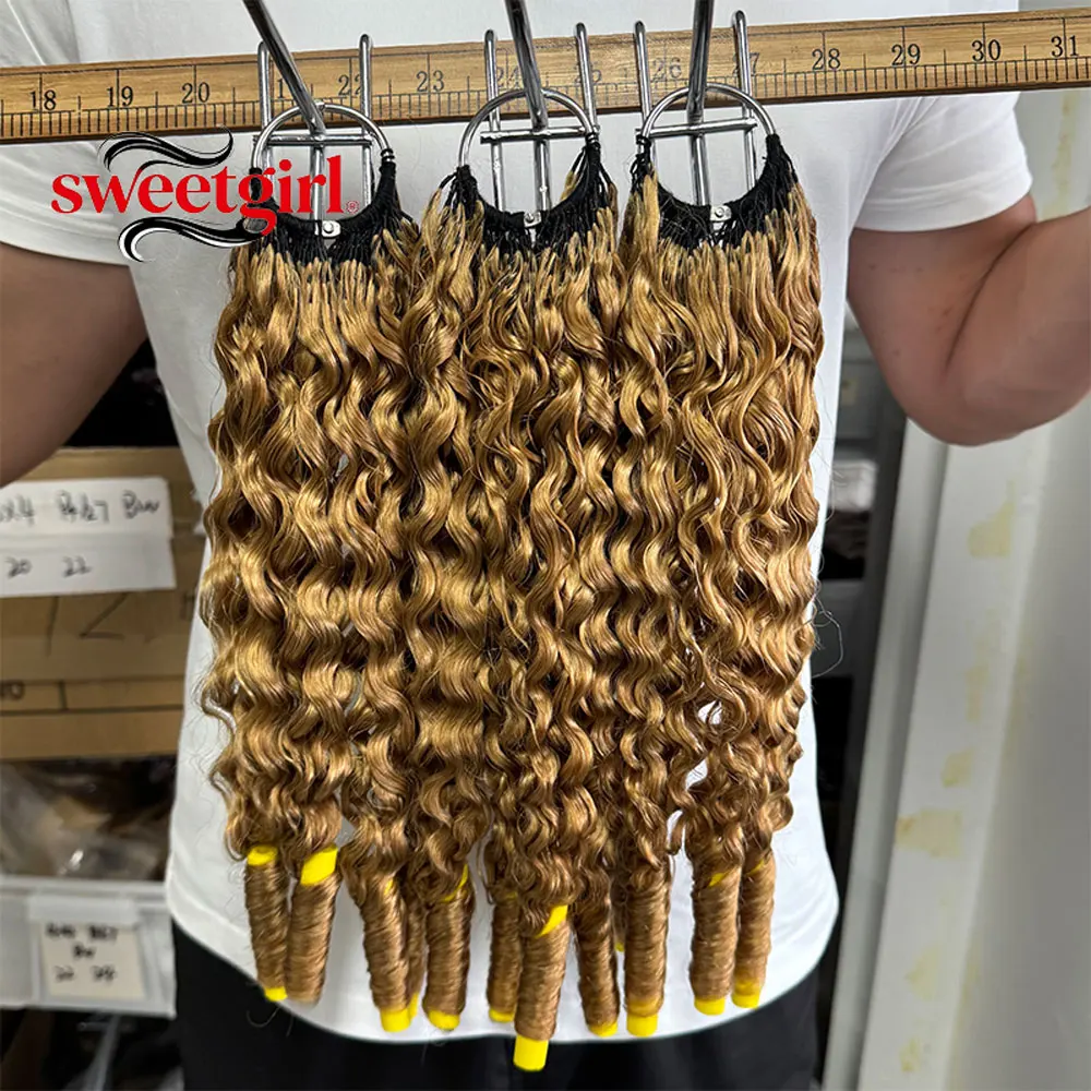 Burmese Curly Feather Crochet Hair #27 Honey Blonde Brazilian Virgin Human Hair Water Wavy Crochet  For Women