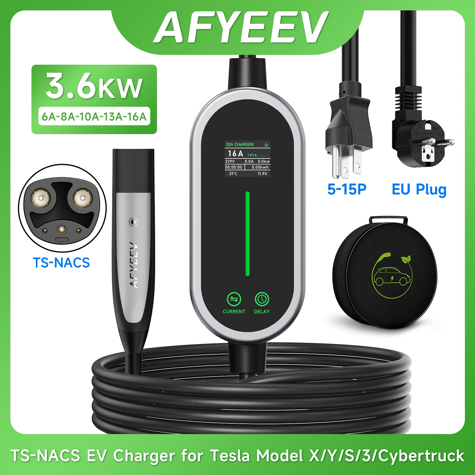 AFYEEV 16A 3600W 휴대용 전기차 충전기 테슬라용 EU US 플러그 5M TS-NACS 테슬라 모델 X/Y/S/3/사이버트럭용