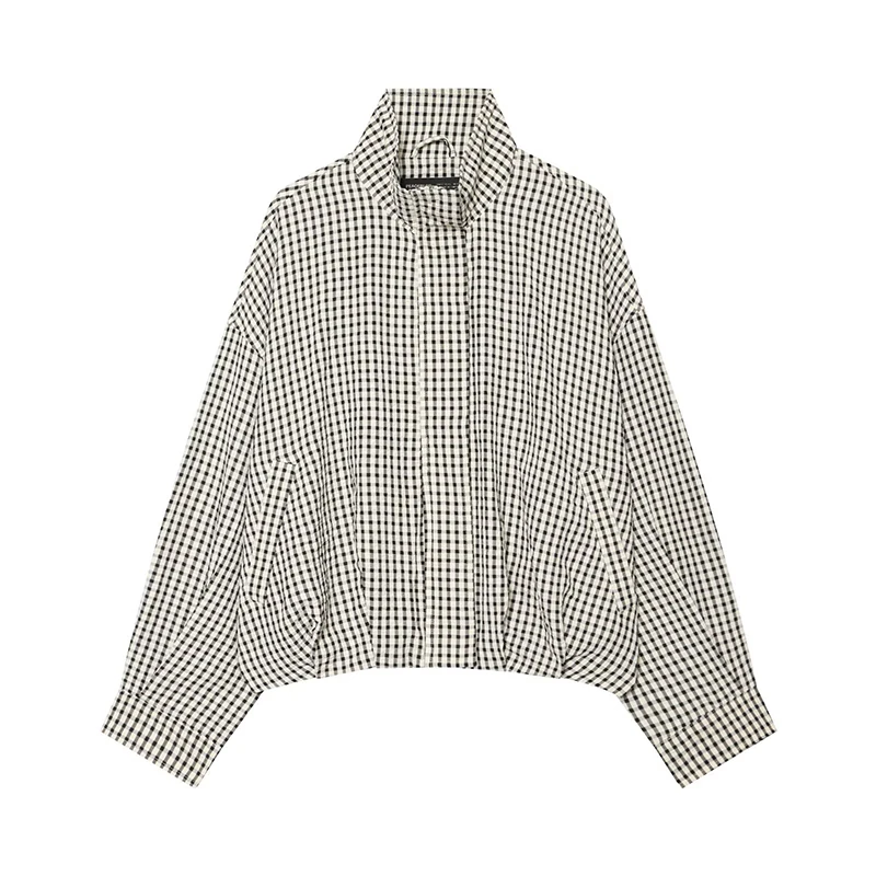 YENKYE Neue Herbst-Karo-Jacke für Damen, Stehkragen, lange Ärmel, lockere Passform, lässiger kurzer Mantel